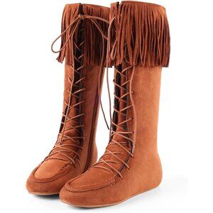 ⚡Women's Brown Lace Up Suede Knee High Flat Boots with Zipper Mid Calf